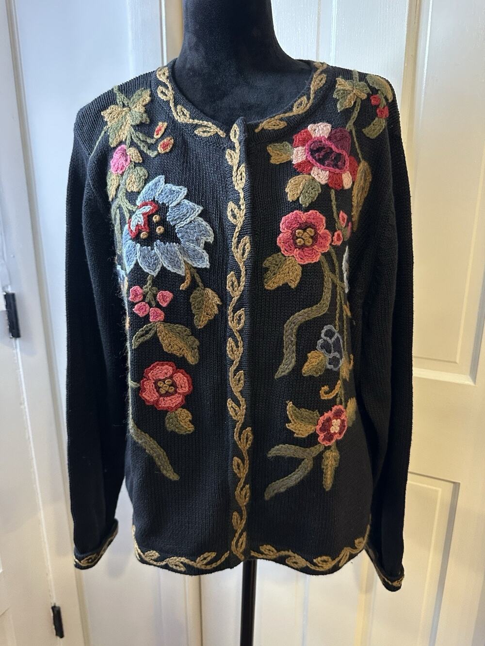 All Points Vintage Sweater Floral Embroidered Black Knit Pullover Women’s XL EUC